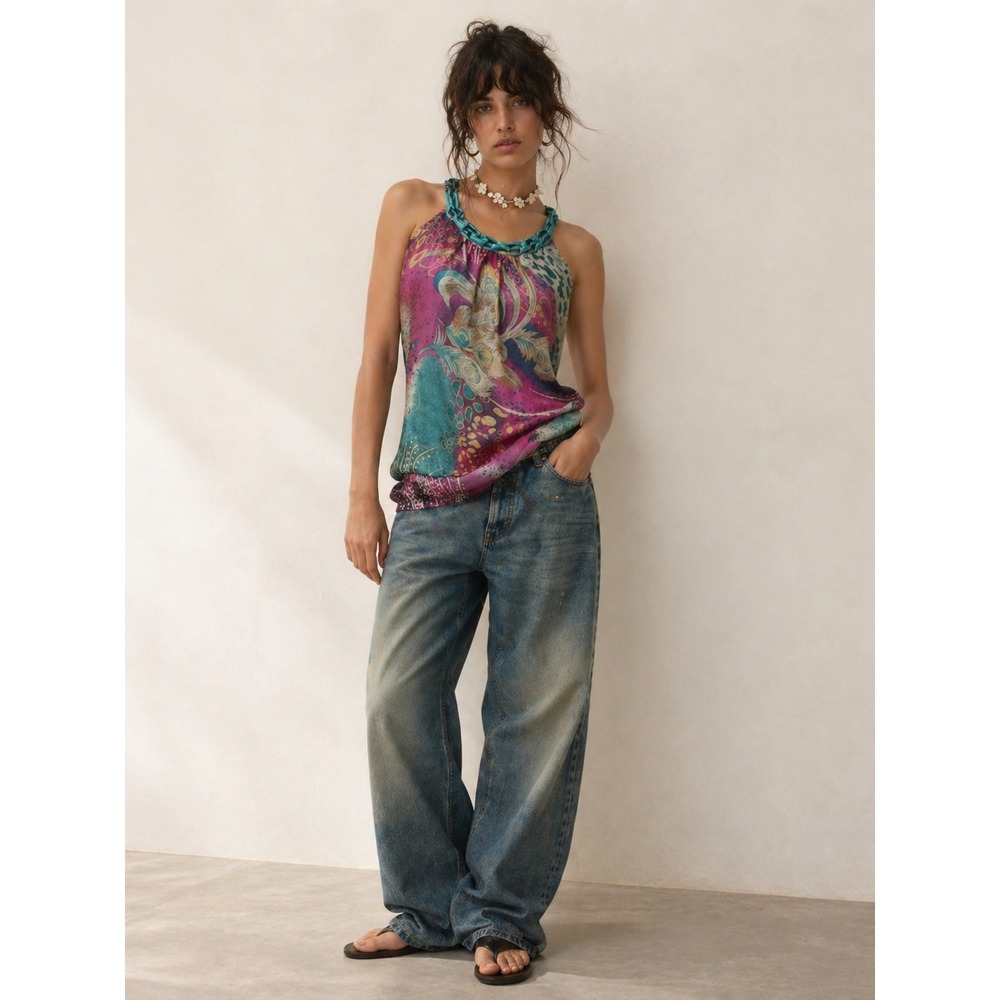 Womens Boho Paisley Braided Halter Neck Tank Top M Y2K Whimsigoth Indie Fairy